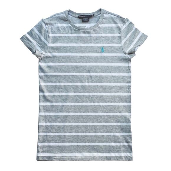 Ralph Lauren Tops - Ralph Lauren Heather Gray and White Striped Cotton Tee with Turquoise Logo